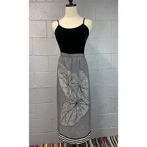 Vintage 1980s Black & White Color Block Monstera Print Op Art Midi Skirt XL